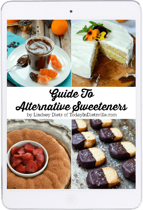 iPad tablet with Free Guide to Alternative Sweeteners eBook cover displayed on the screen.
