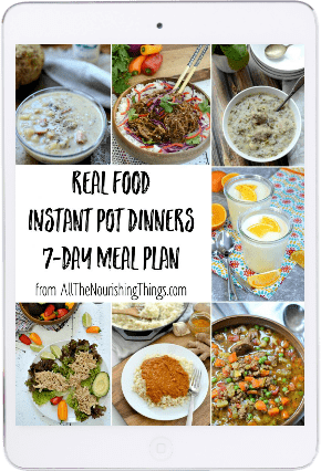 iPad tablet with Real Food Instant Pot Dinners 7-Day Meal Plan eBook cover displayed on the screen.